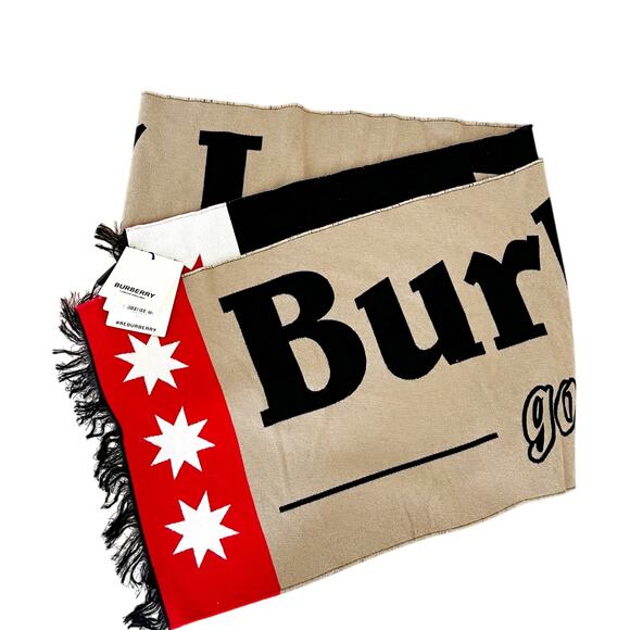 Burberry Logo Pattern Wool-Silk Football Scarf Fringe One Size NWT - Picture 7 of 12